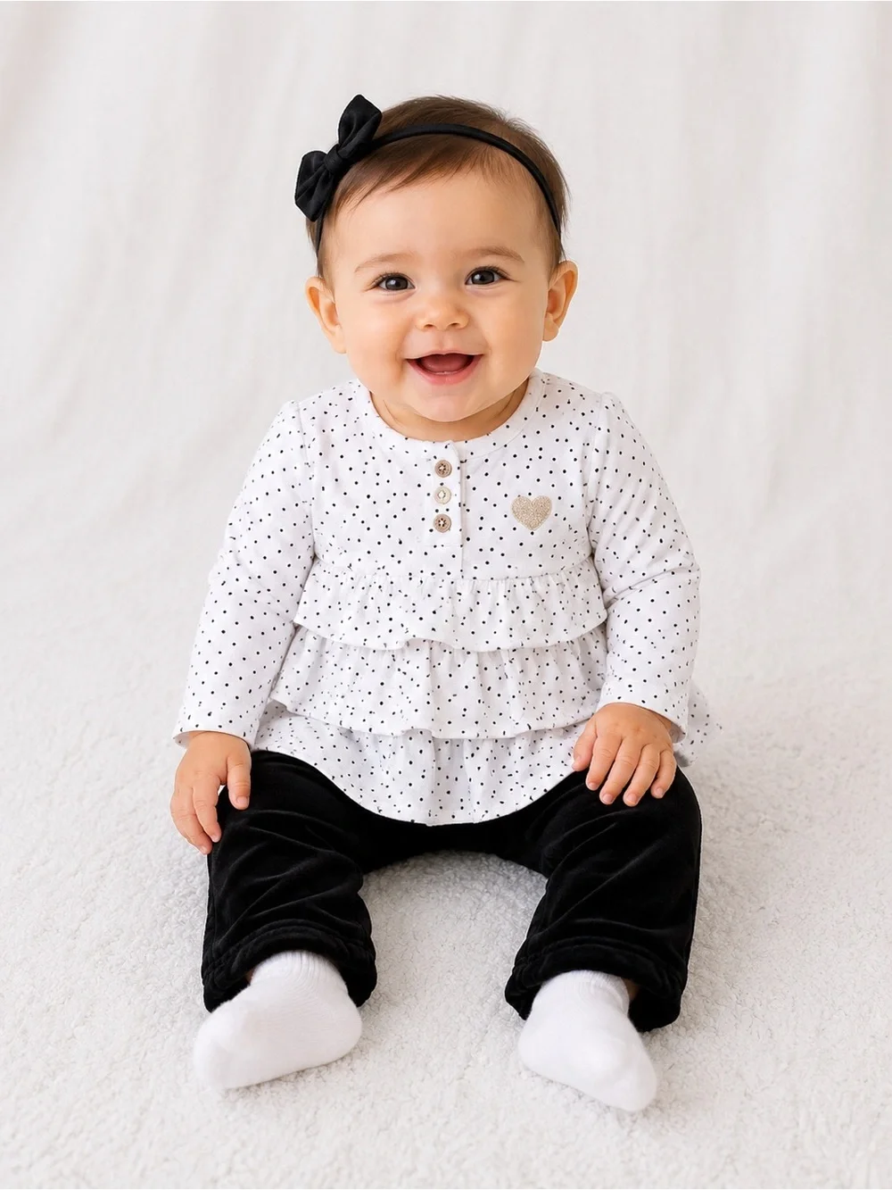 Carter's White Polka Dot Ruffle Top and Black Pants Set